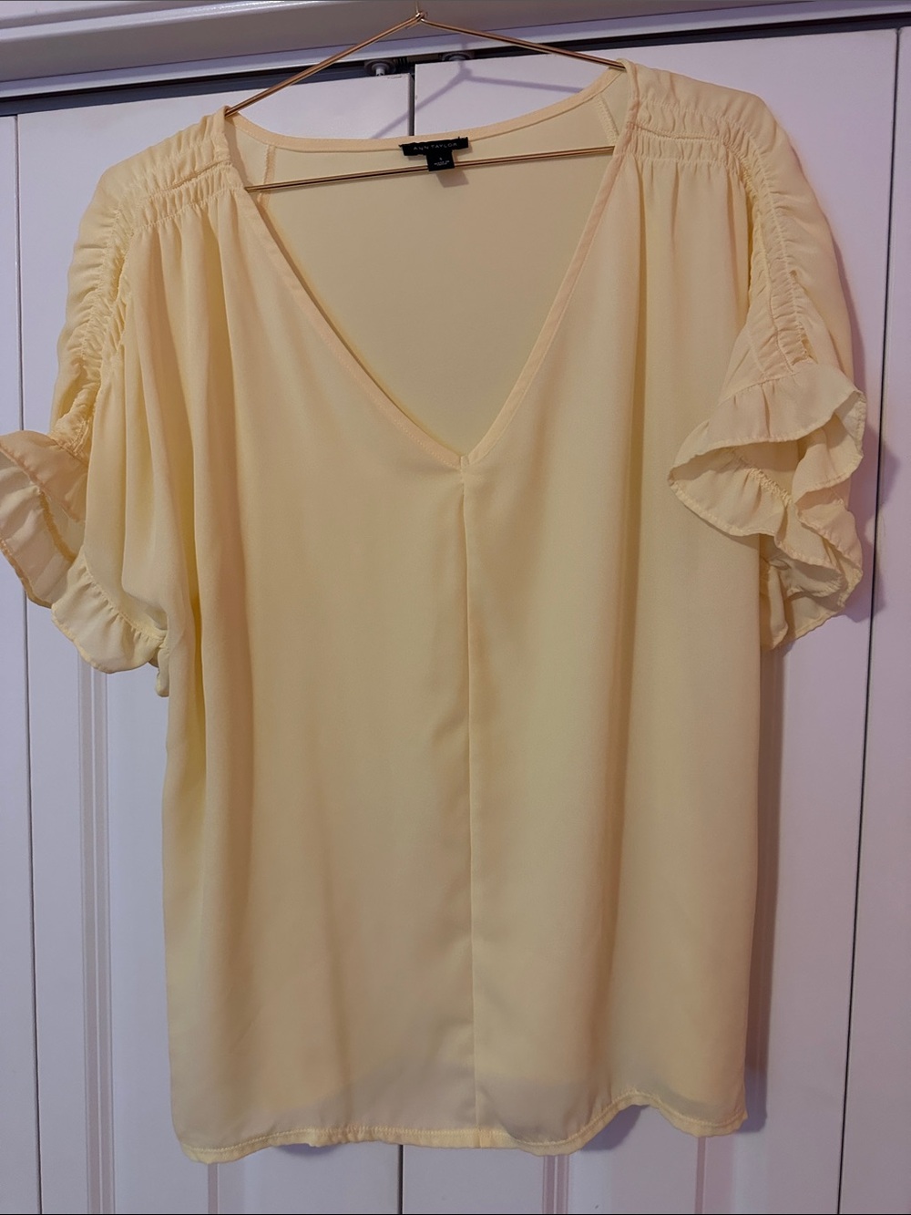 Ann Taylor Pale Yellow V-Neck Ruffle Sleeve Blouse
